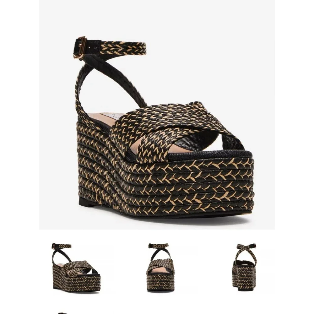 Steven women woven Black Natural tan Platform Sandals strappy resort 8.5 summer